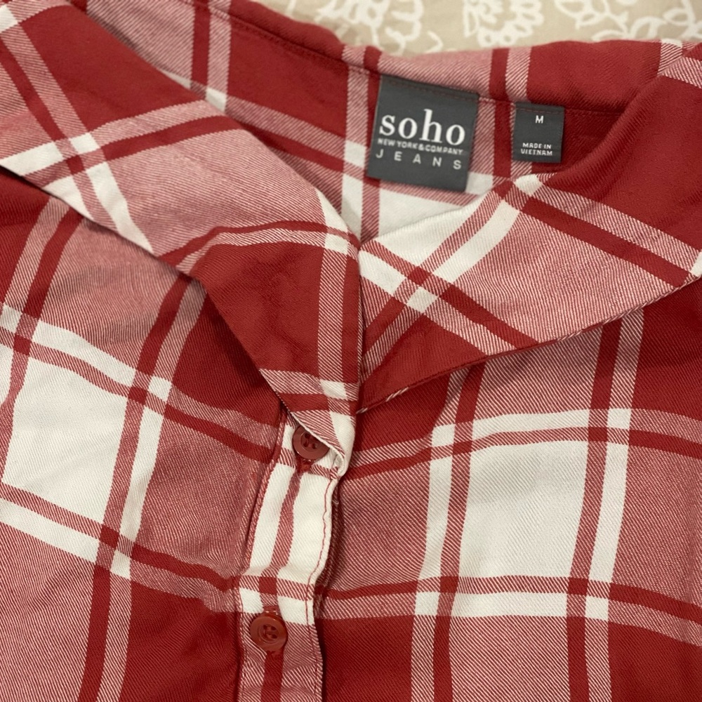 Red and white off the shoulder with straps button down shirt
